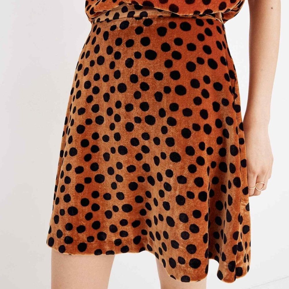 Madewell Brown Velvet Polka Dot Skater Skirt with Black Spots